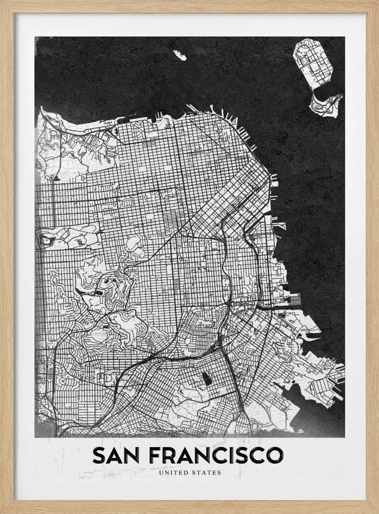 A minimalist black and white art print of a San Francisco city map. The street grid and landmass are depicted in white with fine black lines, set against a solid black background representing the water. A black frame surrounds the map, and a white banner at the bottom displays the text 'SAN FRANCISCO' in a bold, black font. Wall Art