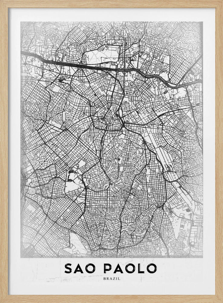 A minimalist black and white map of Sao Paolo, showcasing the intricate network of city streets and highways. The poster is enclosed in a simple black frame and features the city's name 'SAO PAOLO' in bold capital letters at the bottom. Artwork