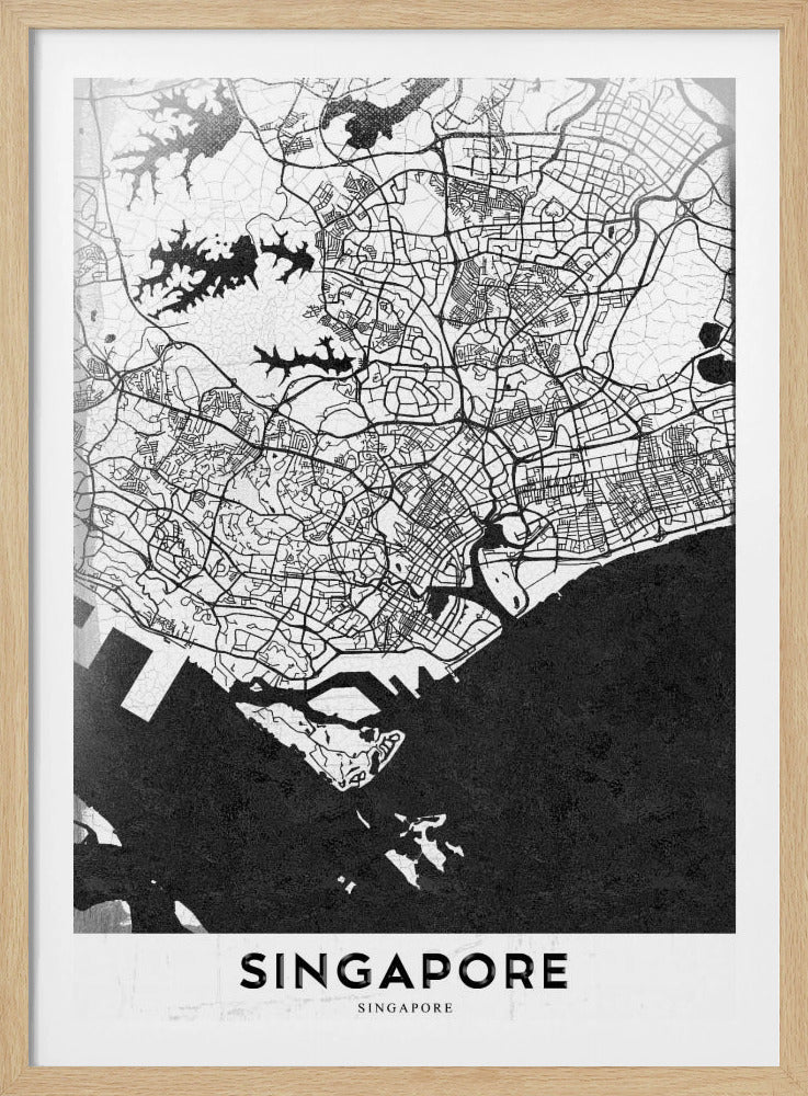 A framed, minimalist black and white art print of a map of Singapore. The land and road network are depicted in white with intricate black lines, while the surrounding water is a solid, textured black. At the bottom, the word 'SINGAPORE' is printed in black capital letters on a white banner. Decor