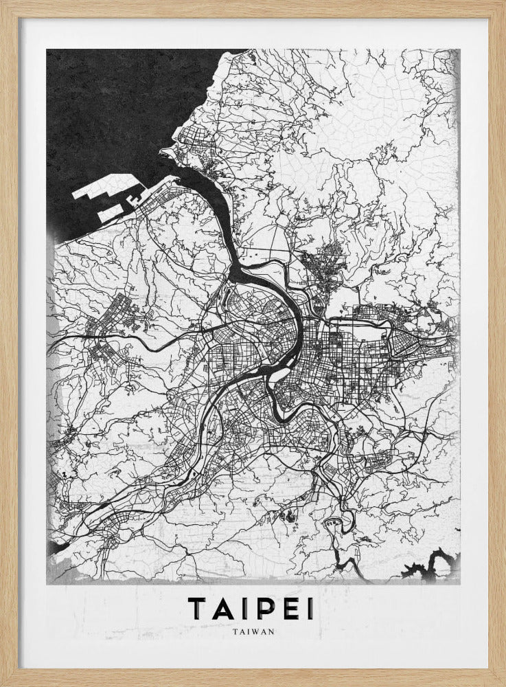 A minimalist black and white map of Taipei, Taiwan, styled as a poster. The intricate network of roads and rivers is rendered in thin black lines on a white background, with the ocean shown in solid black. The word 'TAIPEI' is printed in large, bold capital letters at the bottom. The entire map is enclosed within a thin black frame. Print