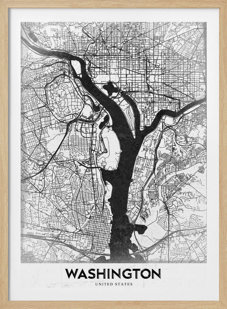 A modern, minimalist black and white map of Washington, D.C., presented as a framed poster. The Potomac and Anacostia rivers are shown in solid black, contrasting with the intricate thin black lines of the city's street grid on a white textured background. The word 'WASHINGTON' is centered at the bottom in bold black text. Artwork