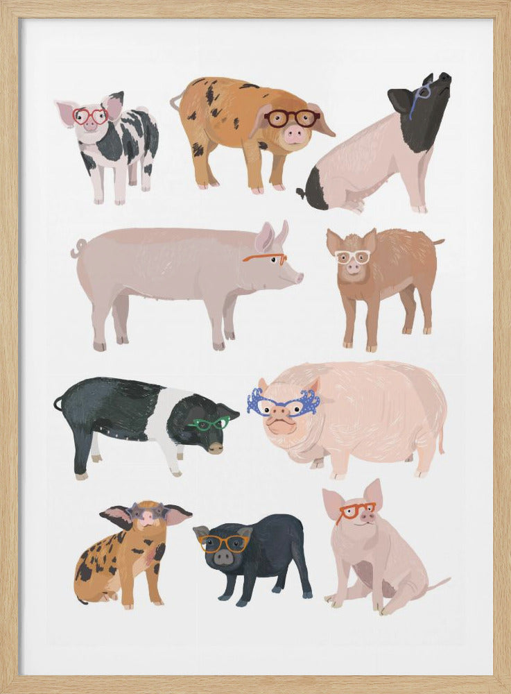 An art print featuring eleven whimsical illustrations of various pigs and piglets, each wearing a different style of colorful eyeglasses. The pigs are of different breeds and colors, including pink, black, and spotted, all set against a clean white background and enclosed in a black frame. Poster