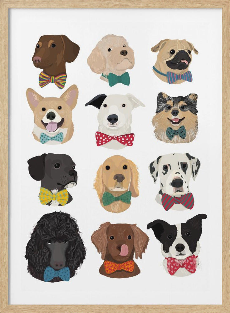 An illustrated poster showcasing twelve different dog breeds, arranged in a three by four grid. Each dog portrait features the head and neck of the animal, and every dog is wearing a distinctly patterned and colored bow tie against a white background. Print