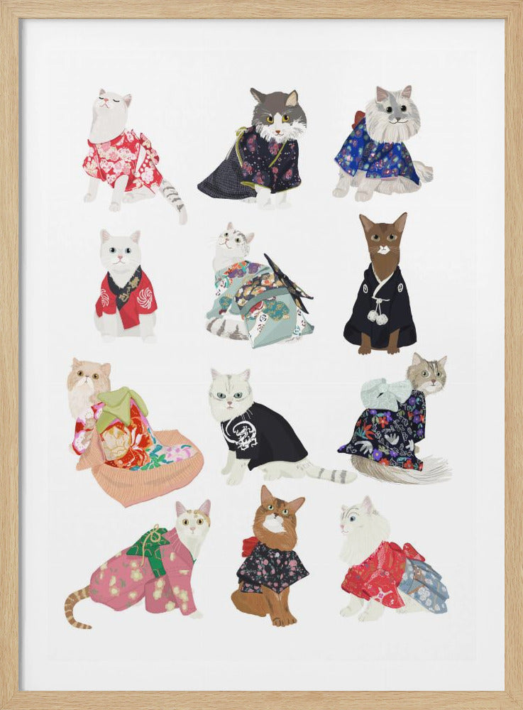A collection of twelve illustrated cats on a white background, each dressed in a unique and colorful traditional Japanese kimono, showcasing various styles and patterns. Poster