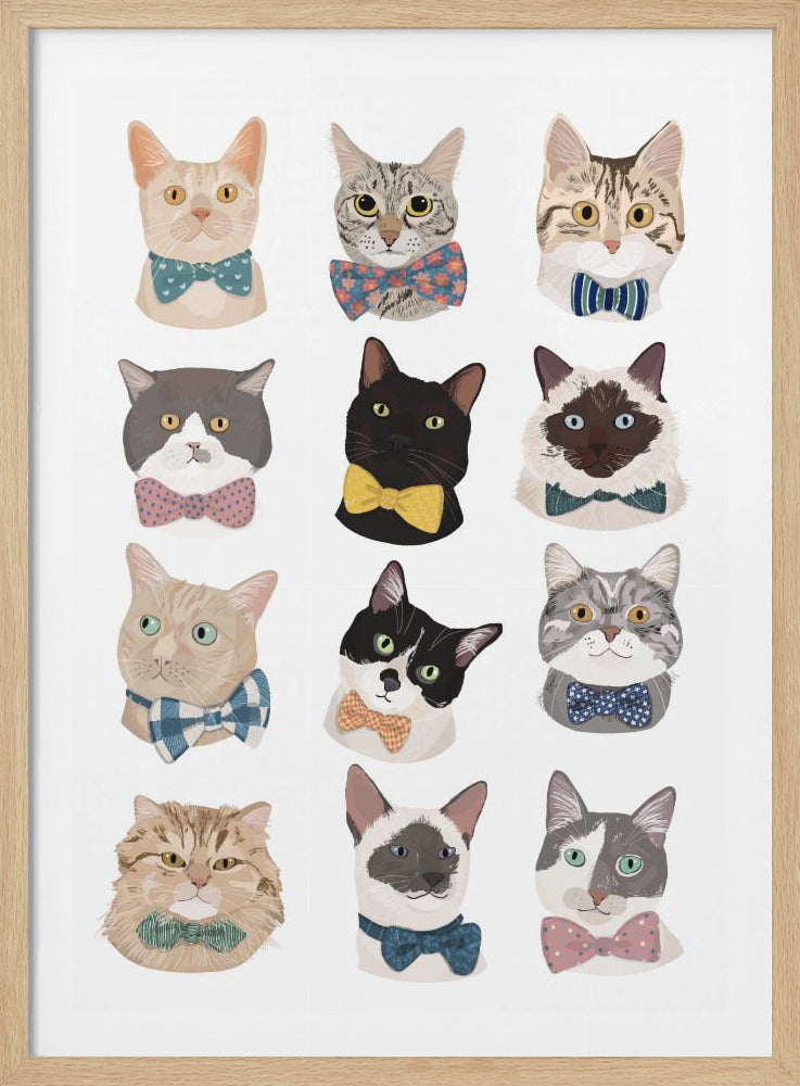 An illustrated art print featuring a grid of twelve different cat heads against a white background. Each cat has a unique coat color and pattern and wears a distinctively colored and patterned bow tie, giving them a dapper appearance. Wall Art