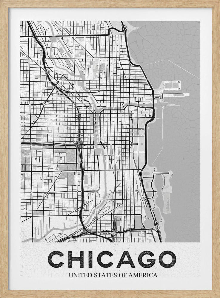 A minimalist black and white map of Chicago, presented vertically. The map shows the city's grid system, highways, and waterways, with Lake Michigan to the right. The word 'CHICAGO' is in a bold, sans-serif font at the bottom, all enclosed within a thin black frame. Poster