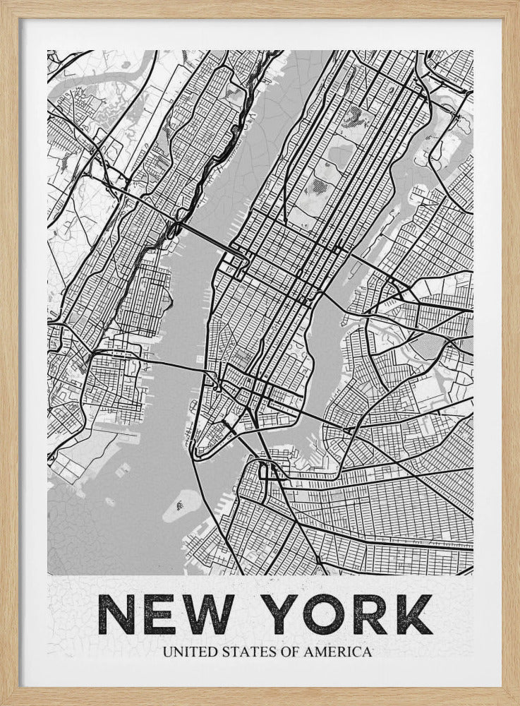 A modern, black and white map poster of New York City, featuring a detailed street grid of Manhattan and surrounding boroughs. The poster has a clean, minimalist design and is labeled 'NEW YORK' in bold capital letters at the bottom, all enclosed in a simple black frame. Poster