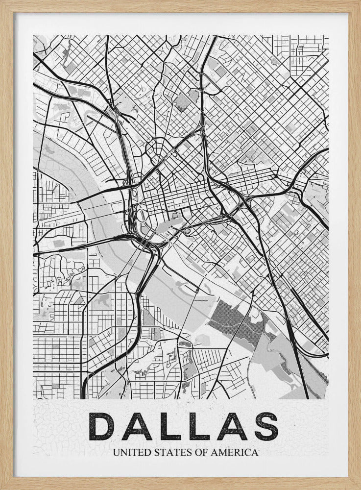 A modern, minimalist black and white map of Dallas, Texas, framed in black. The map shows a detailed network of roads, highways, and a river, with the city name 'DALLAS' in large, bold letters at the bottom. Wall Art