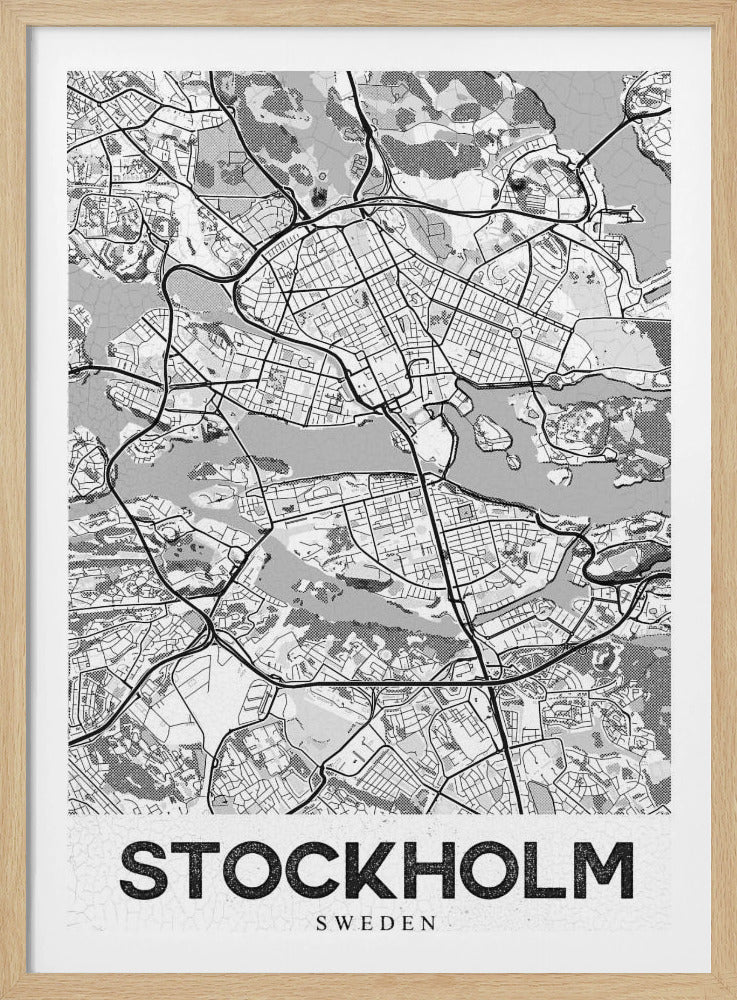 A modern, black and white framed map of Stockholm, Sweden. The minimalist design highlights the city's intricate network of streets, islands, and waterways. The name 'STOCKHOLM' is printed in large, bold, black font at the bottom. Decor