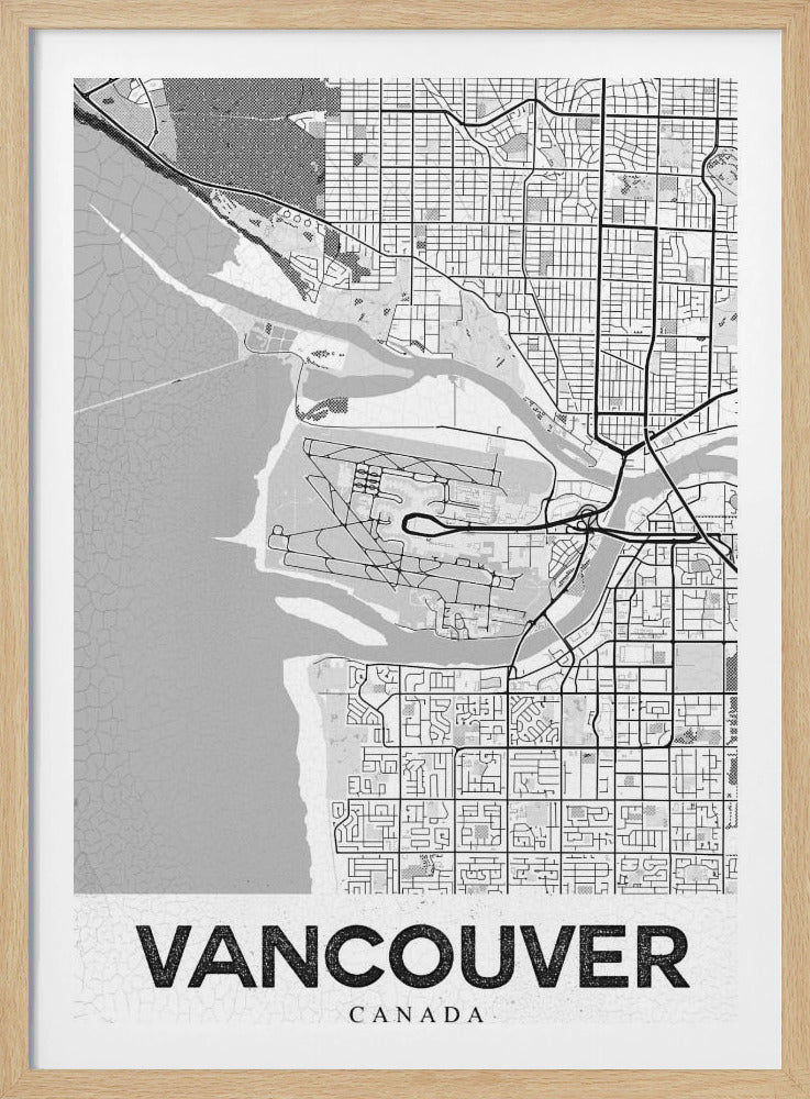 A modern, black and white framed art print of a city map of Vancouver. The map features a stylized layout of roads, rivers, and the coastline, including what appears to be an airport. The word 'VANCOUVER' is displayed in bold, capital letters at the bottom. Poster