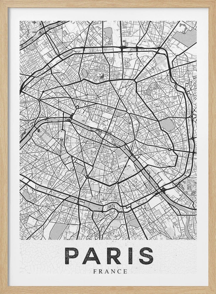 A minimalist black and white map of Paris, showing the intricate network of streets and the River Seine. The city name 'PARIS' is printed in large, bold letters at the bottom. The entire piece is enclosed in a simple black frame. Wall Art