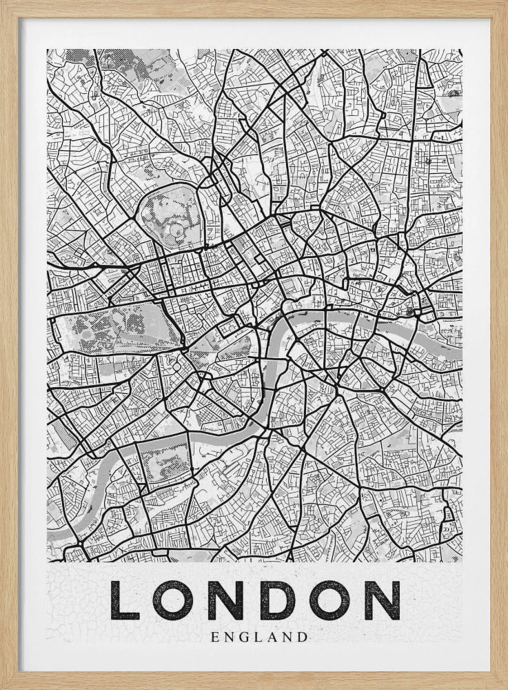 A minimalist black and white map of London, showcasing its intricate street layout, the River Thames, and various parks. The map is set within a simple black frame, and the word 'LONDON' is printed in a bold, black, sans-serif font on a white banner at the bottom. Artwork