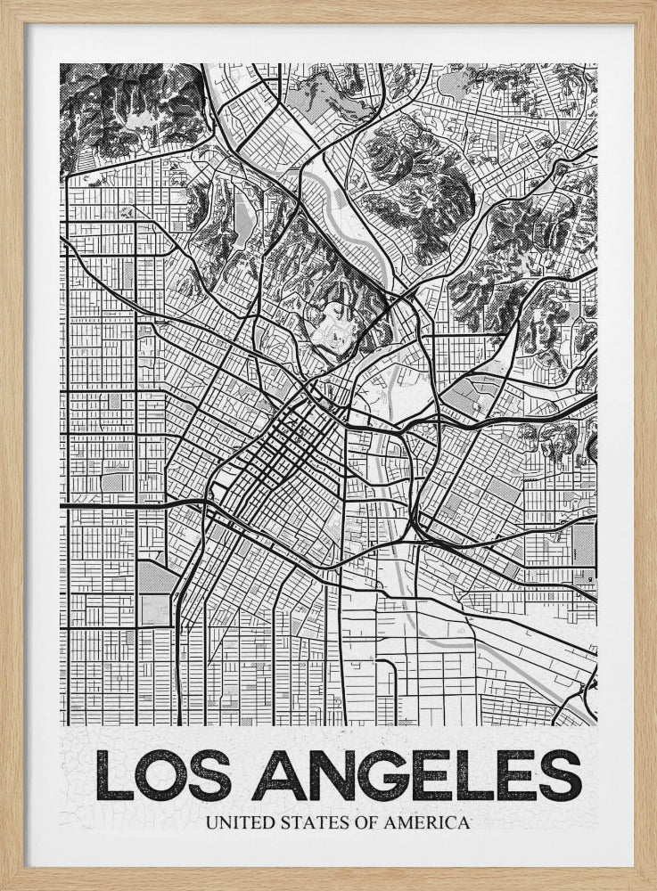 A modern, framed black and white map of Los Angeles. The detailed illustration features a dense grid of city streets, winding highways, rivers, and topographic details of hills. A white banner at the bottom displays the words 'LOS ANGELES' in a bold, black, textured font. Poster