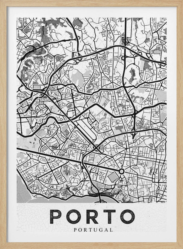A minimalist black and white art print of a city map of Porto, Portugal, enclosed in a black frame. The map features a stylized network of roads and city blocks, with some areas shaded in grey or with a dot pattern. The word 'PORTO' is printed in large, bold, black capital letters at the bottom on a white background. Print