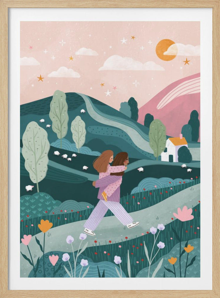 A whimsical illustration of a person giving another a piggyback ride down a path in a stylized countryside. The landscape features rolling green and pink hills with small sheep, stylized trees, and a quaint house under a pink sky with a crescent sun, stars, and clouds. Artwork