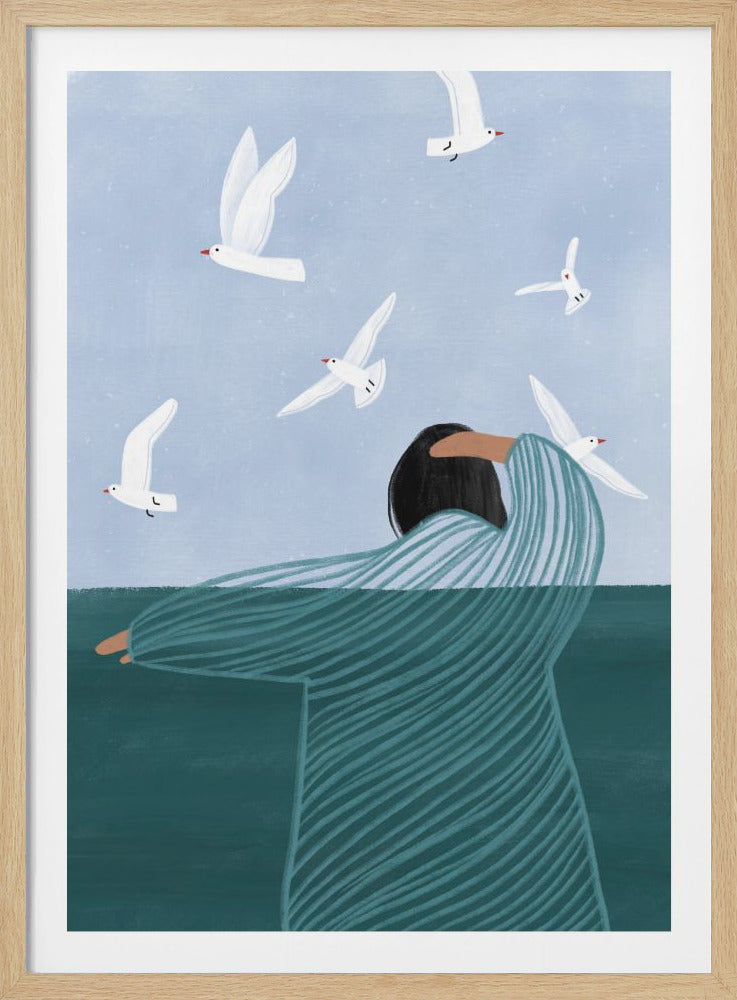 An illustration of a person with short black hair, viewed from behind, wearing a flowing blue and green striped garment. Their arms are outstretched as if embracing the scene, standing in what appears to be deep teal water. Above them, several white seagulls fly across a light blue sky. Poster