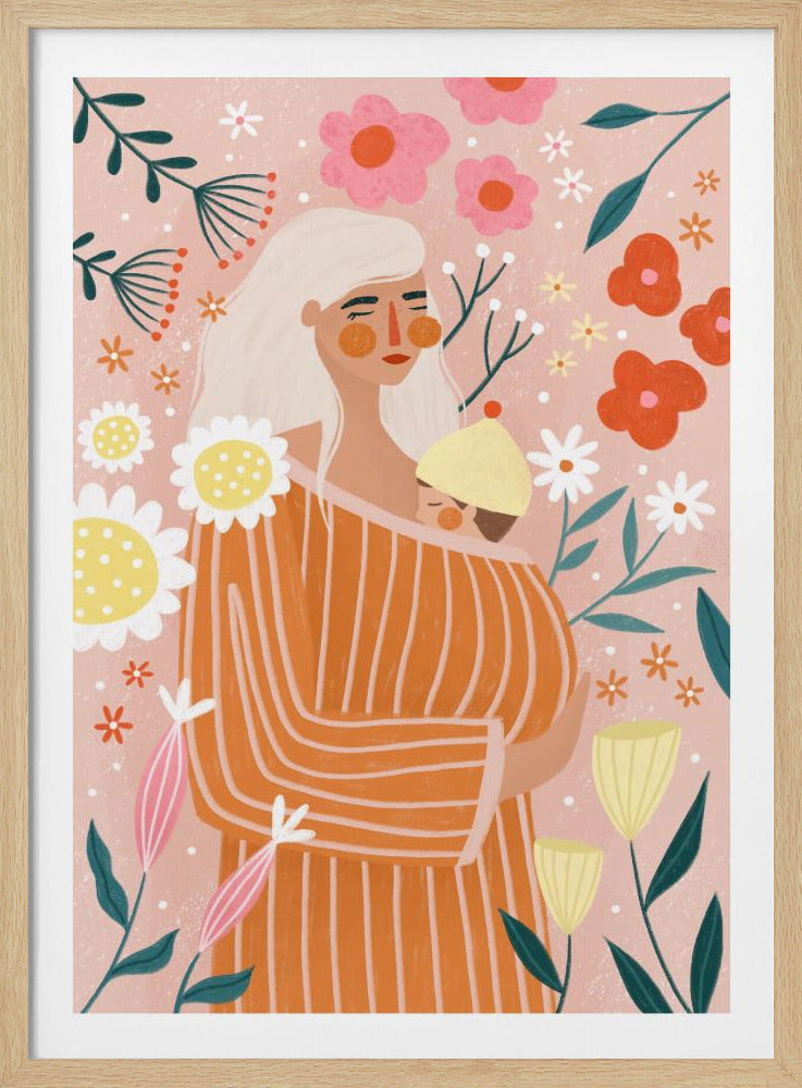 A stylized illustration of a mother with long white hair holding a baby in an orange striped sling, surrounded by colorful flowers on a light pink background. The mood is serene and loving. Poster