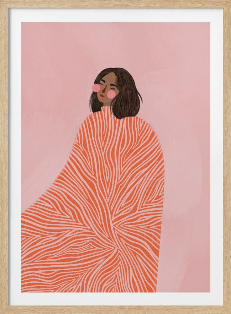 An illustration of a woman with short brown hair and rosy cheeks, her eyes closed peacefully. She is wrapped in an oversized orange garment with wavy white stripes, set against a solid light pink background. Print