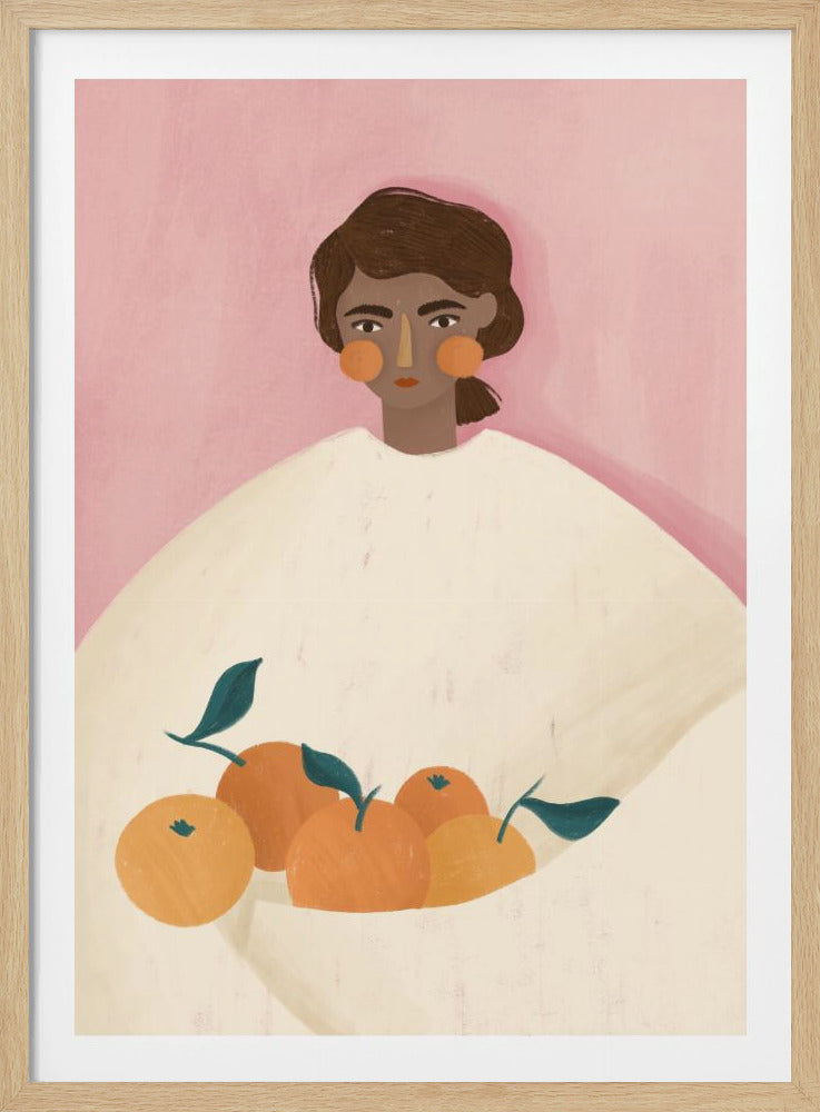 A painterly illustration of a woman with dark hair and round, rosy cheeks against a soft pink background. She wears an oversized cream-colored sweater and holds a bundle of fresh oranges with green leaves in her arms. Print