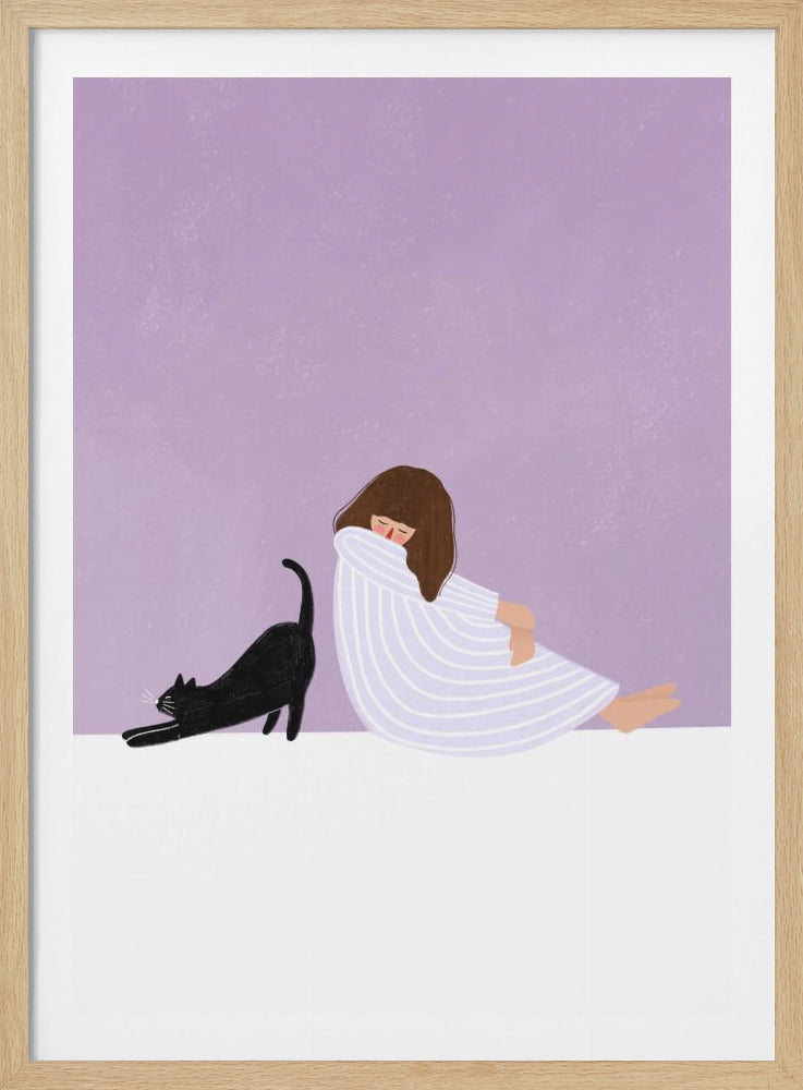 A minimalist illustration of a girl with brown hair sitting on a white floor against a light purple background. She wears a striped white and purple dress and rests her head on her knees. Next to her, a black cat arches its back in a long stretch. Print