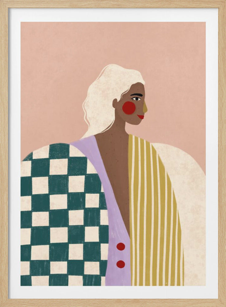 A modern, stylized illustration of a woman with white hair and brown skin against a dusty pink background. She wears a colorful, oversized jacket with one side featuring a green and white checkerboard pattern and the other a yellow and white striped pattern, looking over her shoulder with a gentle smile. Decor