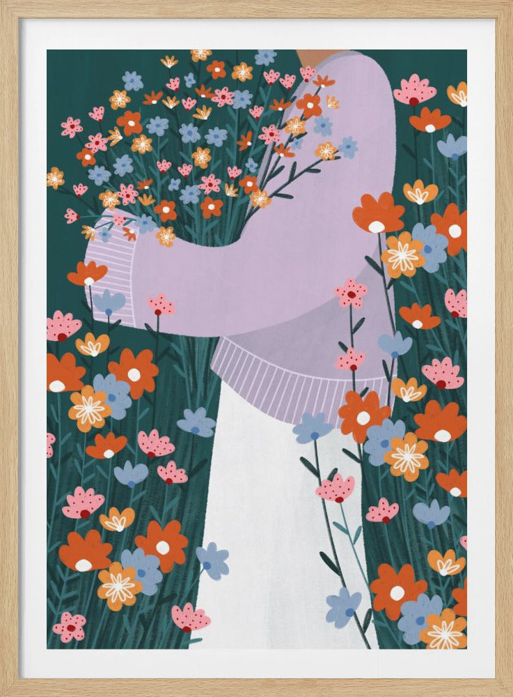 A charming illustration of a person in a lavender sweater holding a large bouquet of orange, blue, and pink wildflowers while standing in a lush green meadow filled with the same flowers. Artwork