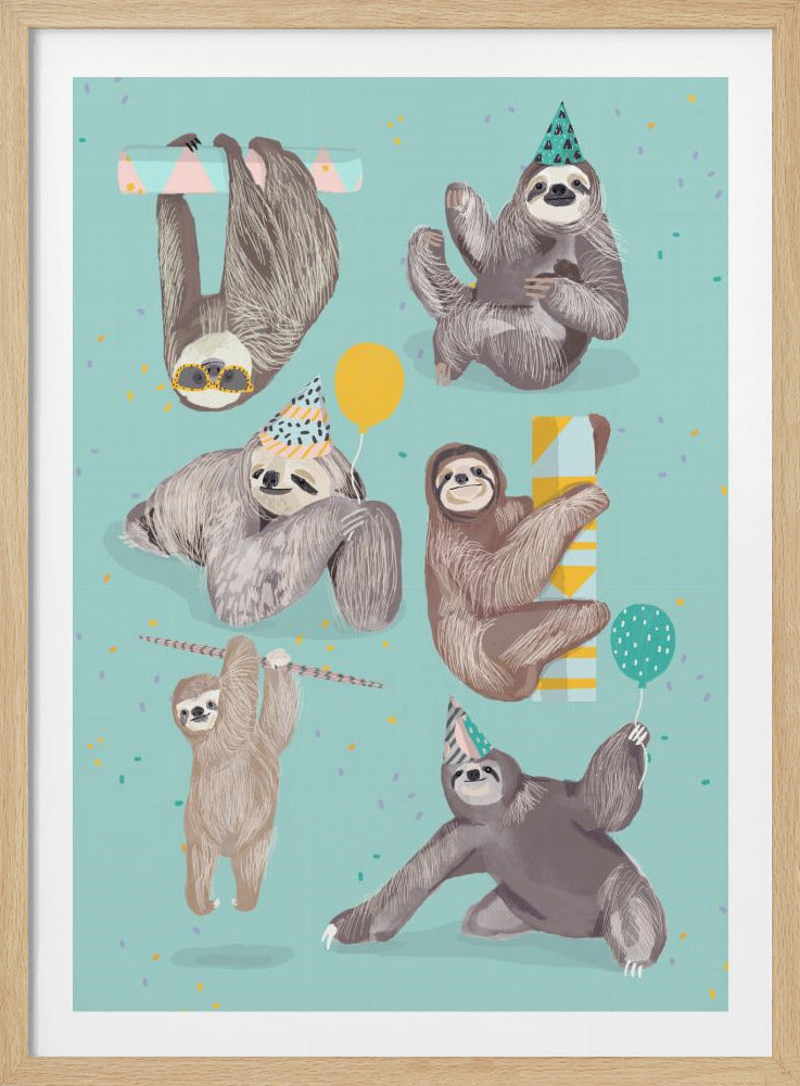 A whimsical illustration of six sloths celebrating a party on a light teal background with colorful confetti. The sloths wear party hats and sunglasses, hold balloons, and hang from branches, all with happy, smiling faces. Decor