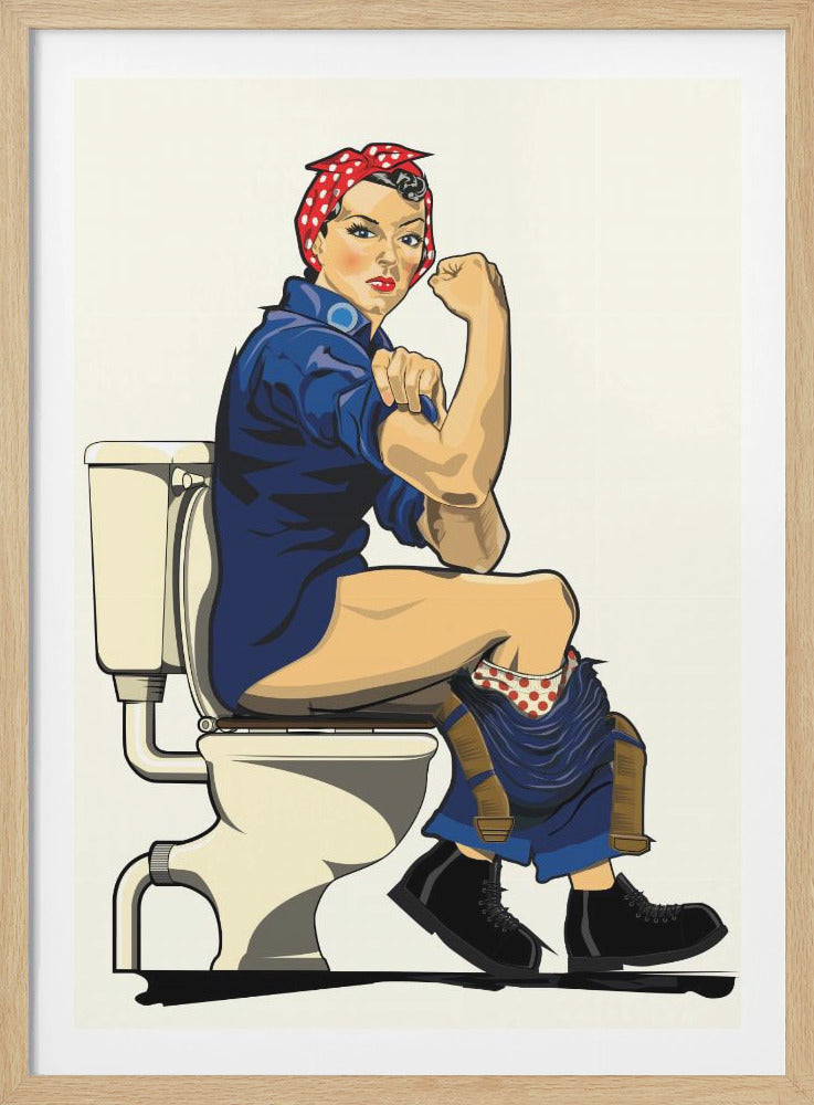 A pop art illustration parodying the iconic Rosie the Riveter poster, showing her sitting on a toilet with her pants down while flexing her bicep in the classic 'We Can Do It!' pose. Print