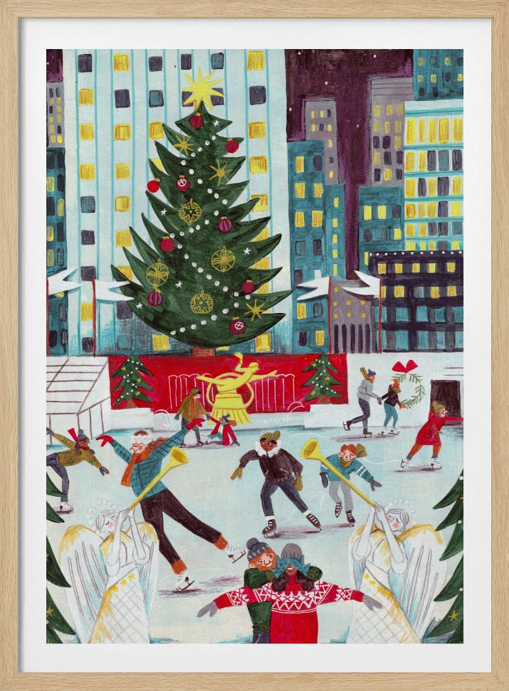 A festive, colorful painting of a bustling city ice rink at Christmas, with a giant decorated tree towering over skaters against a backdrop of illuminated skyscrapers at night. Print