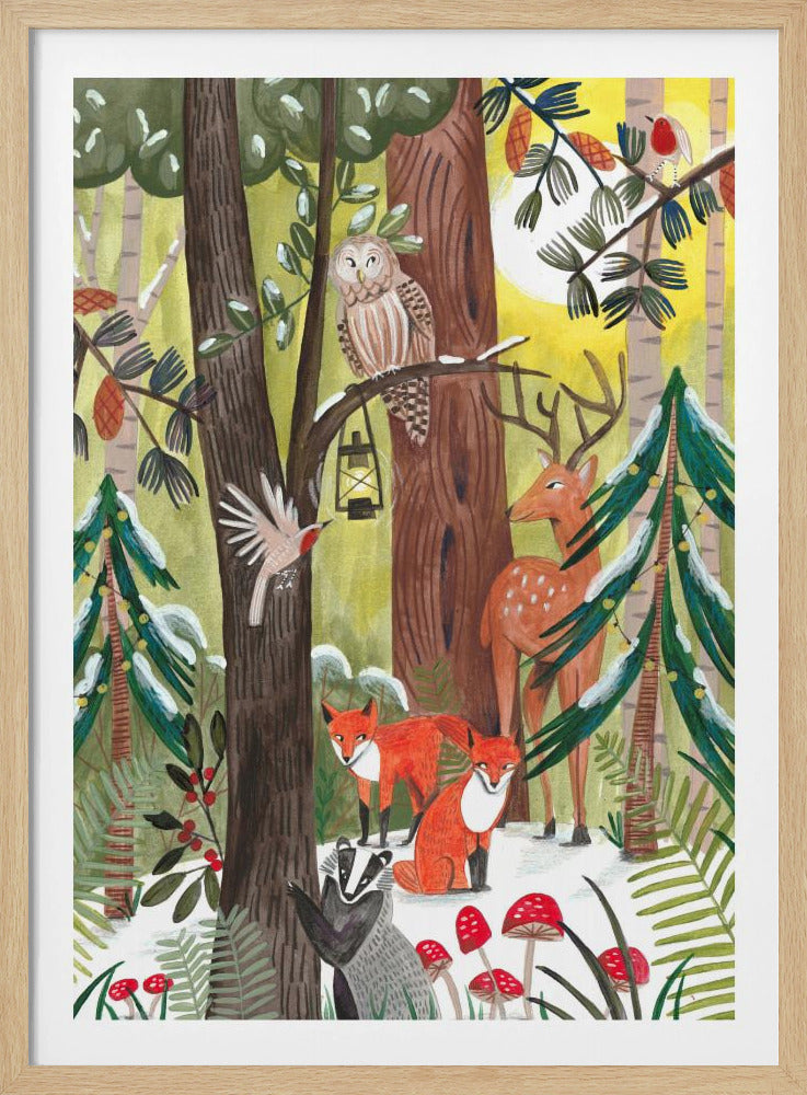 A whimsical illustration of a snowy forest scene filled with various woodland creatures. An owl perches on a branch with a lantern, a deer stands near a decorated pine tree, two red foxes and a badger are on the snowy ground near red toadstools, and birds fly and sit on branches under a yellow sun. Decor