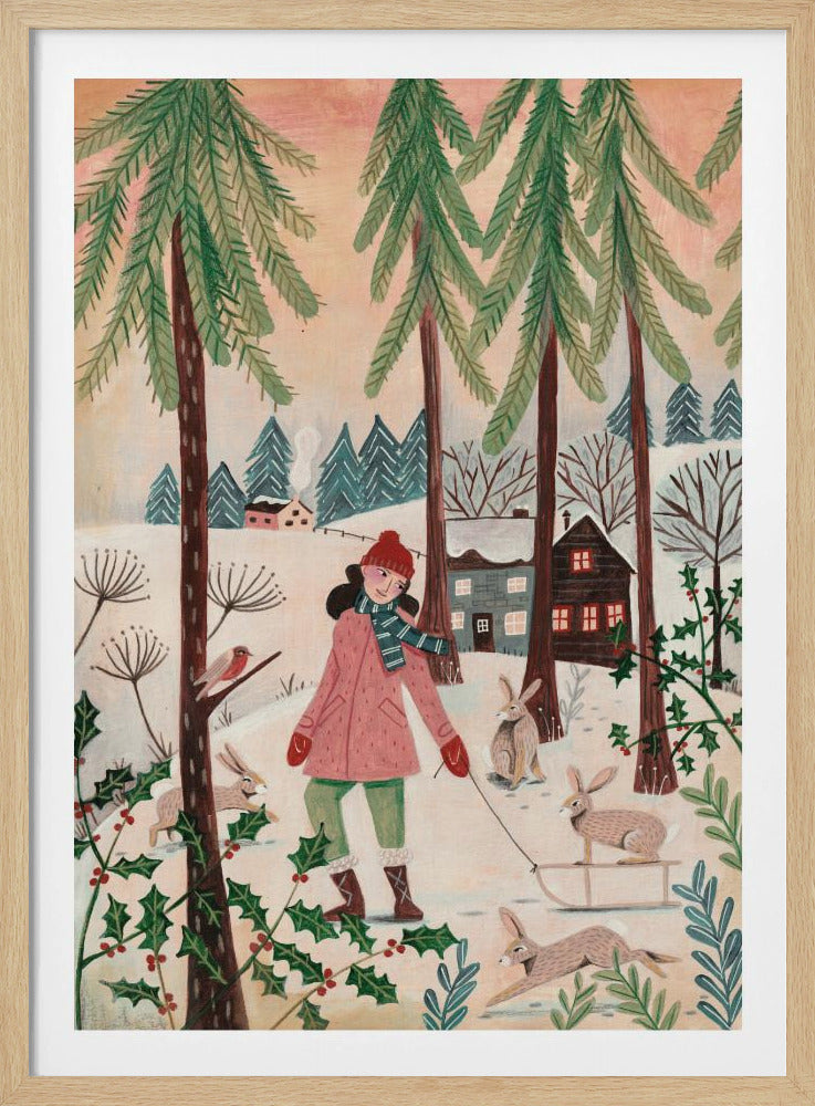 A whimsical illustration of a girl in a pink coat and red hat walking through a snowy forest. She is pulling a small sled with a rabbit on it, and is surrounded by other rabbits, a robin, and holly bushes. In the background are tall pine trees and cozy houses in a winter village. Wall Art
