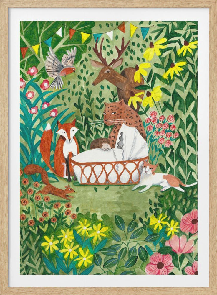 A whimsical painting of various forest animals, including a deer, leopard, fox, and squirrel, gathered in a lush green forest around a baby sleeping in a woven bassinet. A string of colorful bunting hangs above, and the scene is filled with vibrant flowers. Wall Art