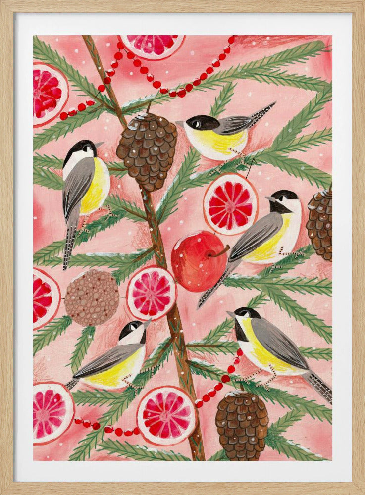 A festive illustration of a pine branch against a pink background, decorated with chickadees, pinecones, slices of red grapefruit, a red apple, and a red beaded garland. The scene has a light dusting of snow, creating a whimsical winter or holiday feel. Decor