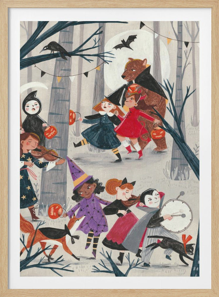 A whimsical, illustrated nighttime scene of a Halloween parade through a forest. A group of children and animals in costumes, including a witch, a vampire, the grim reaper, and a large bear dressed as Dracula, march and play instruments like violins and a drum. They carry jack-o'-lantern buckets under a full moon with bats and a crow nearby. Decor
