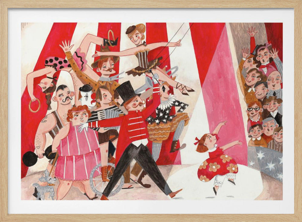 A whimsical, stylized illustration of a circus performance, framed in silver. A parade of performers, including a ringmaster in a red coat, a strongman, acrobats, and a clown, move across the scene under a red and white striped big top. A little girl in a red dress dances in a spotlight, watched by a smiling audience. Poster