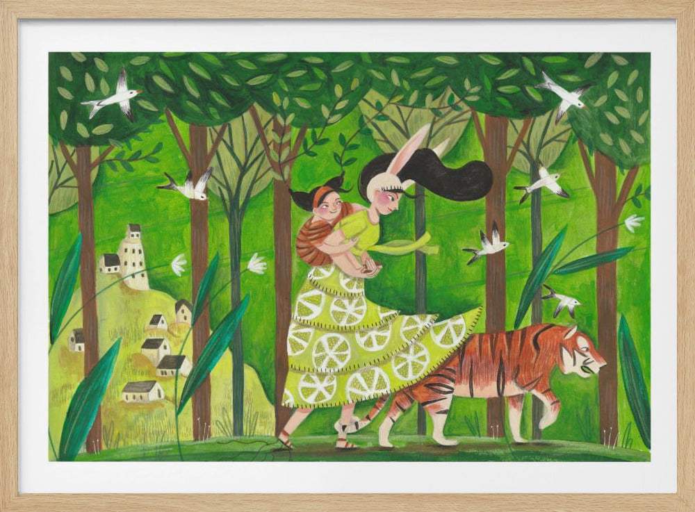 A whimsical illustration of a woman wearing a rabbit mask and a lime-patterned dress, carrying a child piggyback through a lush green forest. An orange tiger walks alongside them, and in the background, a small village sits on a hill under a canopy of trees with white birds flying about. Wall Art