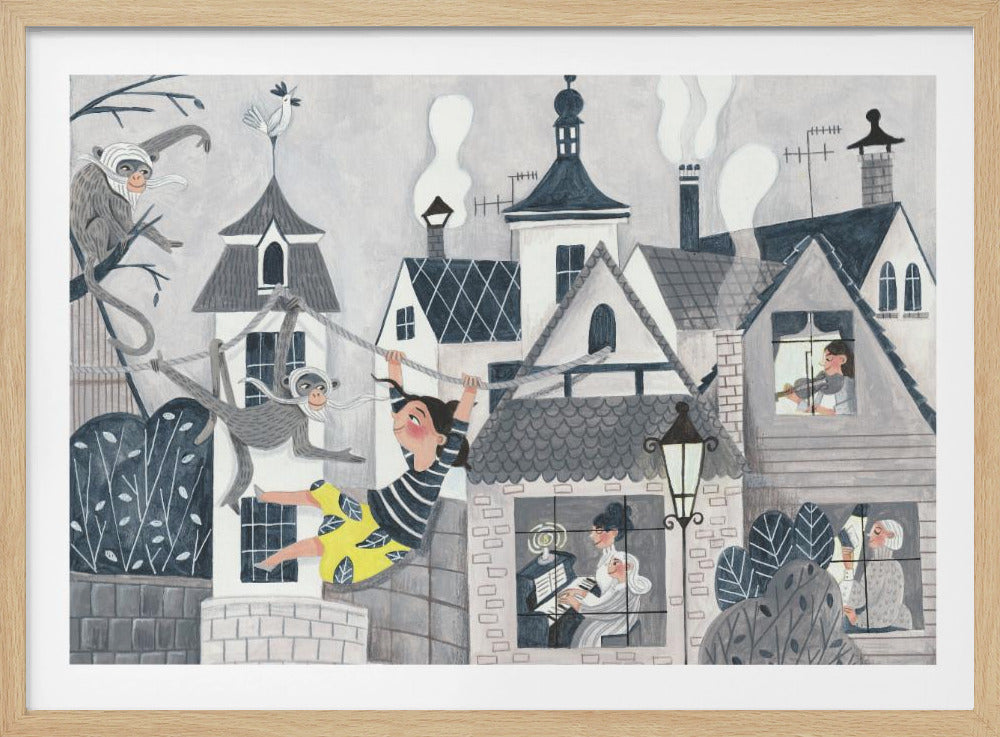 A whimsical illustration of a young girl in a striped shirt and bright yellow shorts swinging on a rope between grey rooftops. Monkeys play on the rope and in a nearby tree, while people play music inside the houses of the stylized town. The scene is mostly monochromatic grey with a pop of yellow. Decor