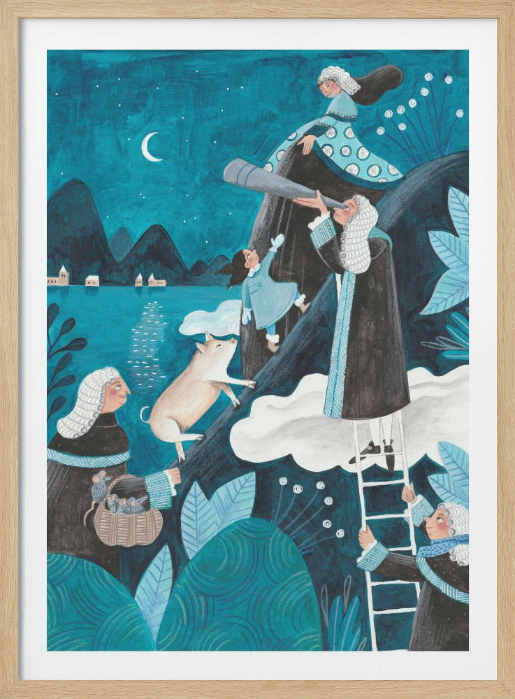 A whimsical, dreamlike illustration of a night scene with a crescent moon. Several figures in 18th-century attire with white wigs are on a dark hill. One man looks through a telescope while standing on a ladder, a woman stands at the peak, a young girl climbs up, and another holds a basket of mice. A pig floats upwards amidst fluffy white clouds, adding to the fantastical atmosphere. Decor