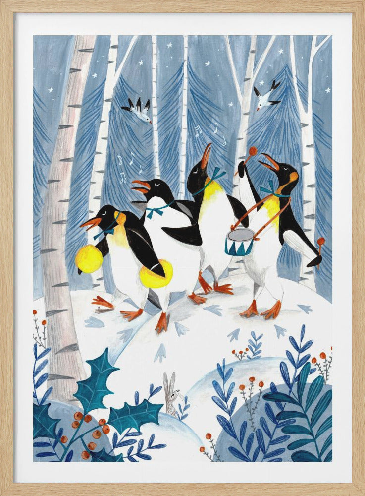 A whimsical painting of four penguins joyfully parading and playing music in a snowy winter forest. One penguin plays a drum, another shakes maracas, and two others sing, surrounded by birch trees, holly, and a small rabbit. Decor