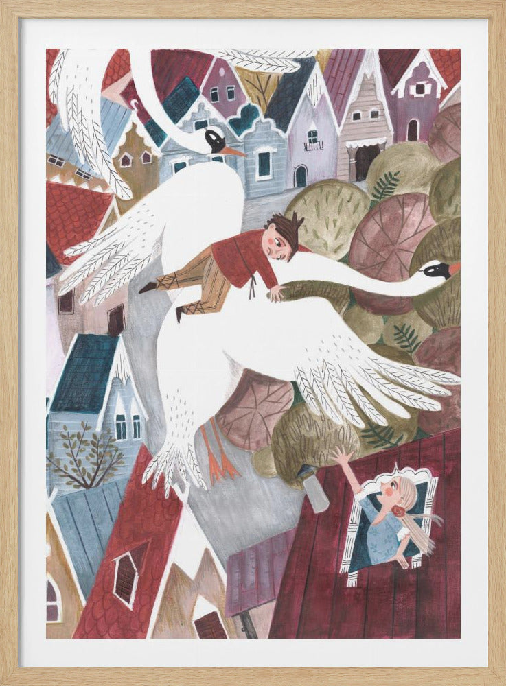 A whimsical illustration of a boy in a red shirt riding on the back of a large white swan flying over a colorful village. Another swan flies nearby, and a girl with blonde braids leans out of a window, reaching up towards the scene. Decor