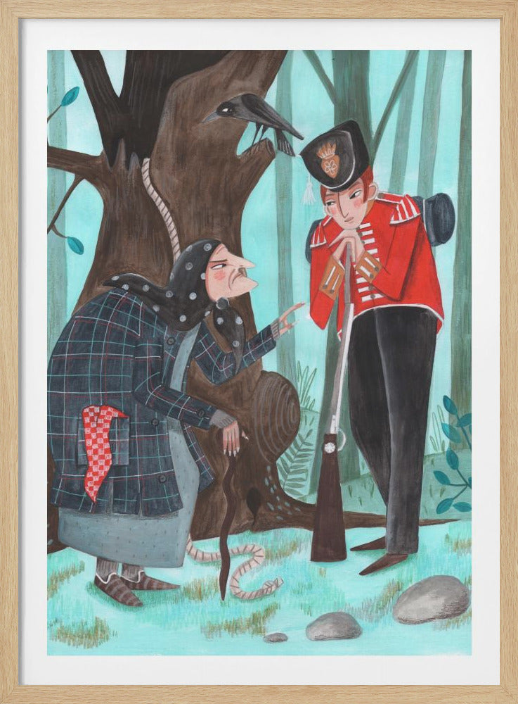 A stylized illustration of a fairytale scene in a forest, where an old woman with a long nose, wearing a dark plaid coat and headscarf, speaks to a soldier in a bright red uniform. The soldier leans on his rifle, listening, while a crow watches from a large tree behind them, from which a noose also hangs. Poster