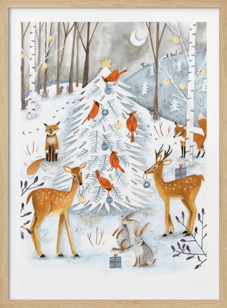 A charming illustration of woodland animals decorating a Christmas tree in a snowy forest at night. A doe, a buck, two foxes, two rabbits, and several red cardinals gather around a snow-covered evergreen, hanging blue and gold ornaments. The scene is set in a winter landscape with birch trees and a crescent moon in the sky. Artwork