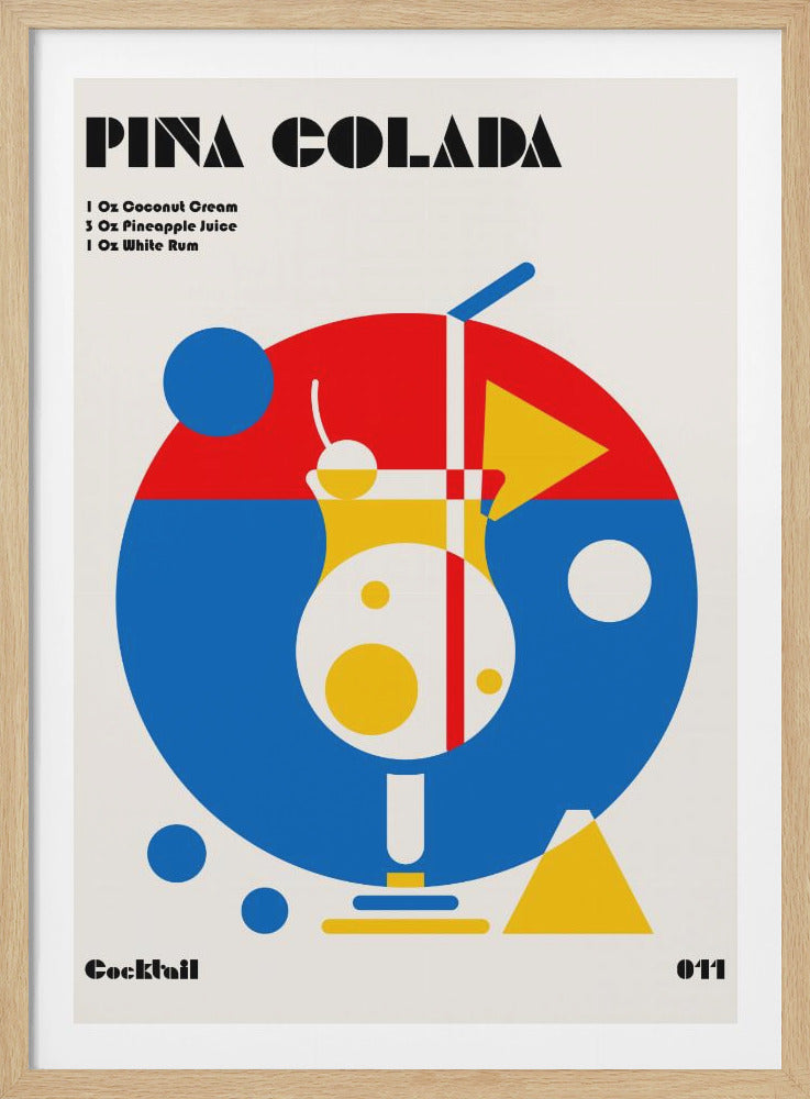 A modern graphic design poster for a Pina Colada cocktail. The poster features a stylized, geometric illustration of the drink in a glass against a red and blue circular background. The recipe and title are printed at the top in a bold, black font on a cream-colored background. Decor