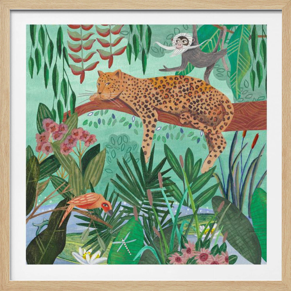 A stylized painting of a lush jungle scene. A large, spotted leopard is sleeping peacefully on a thick tree branch in the center. Above it, a whimsical grey monkey with a white face and long mustache hangs from a vine. The foreground is filled with various tropical plants, pink flowers, a small red bird, and a glimpse of a body of water. Poster