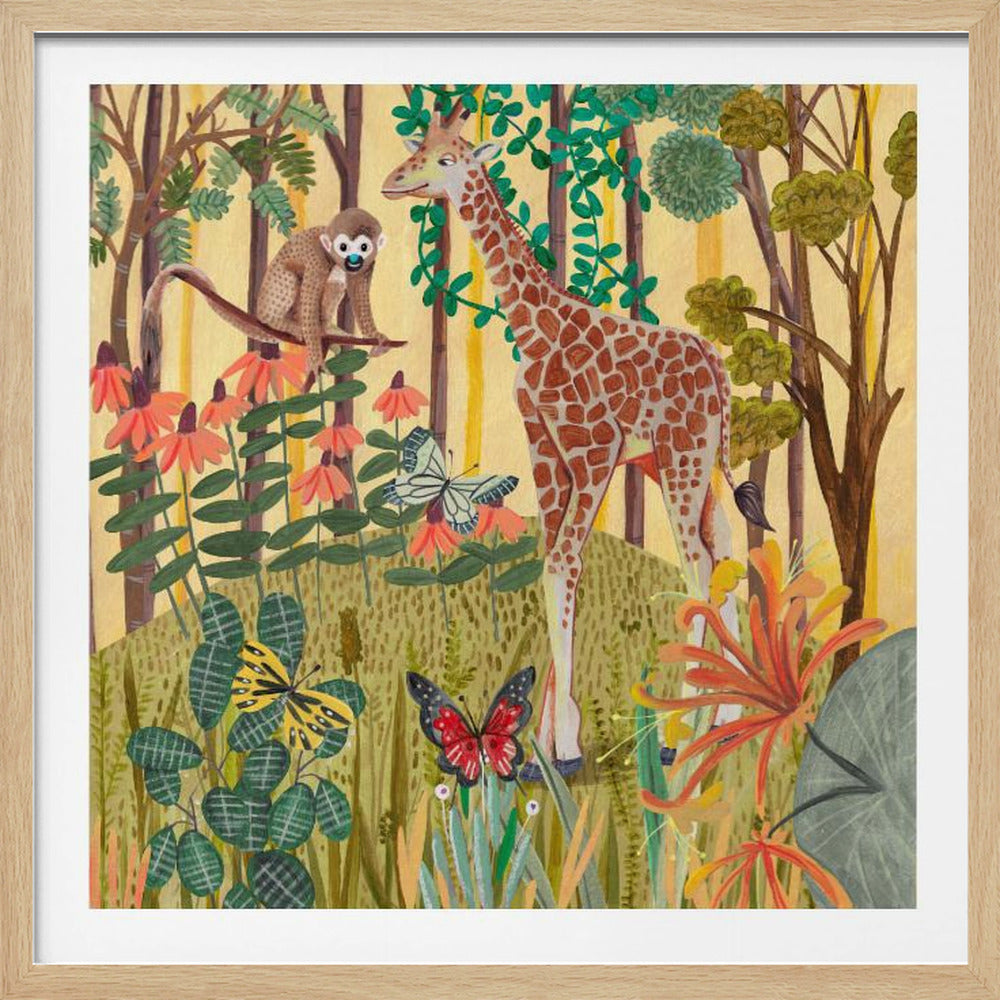 A framed, stylized painting of a jungle scene featuring a tall giraffe and a small monkey. The animals are surrounded by lush green foliage, orange and red flowers, and several butterflies against a warm yellow and light brown background with tree trunks. Decor