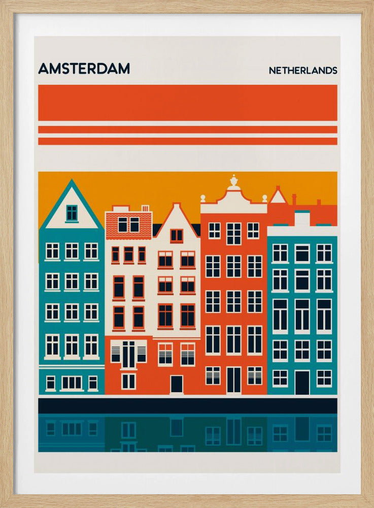 A minimalist travel poster for Amsterdam, Netherlands, featuring a stylized illustration of colorful canal houses in orange, teal, and off-white. The buildings are set against an orange sky and reflected in a dark blue canal below, with the text 'AMSTERDAM' and 'NETHERLANDS' at the top. Decor