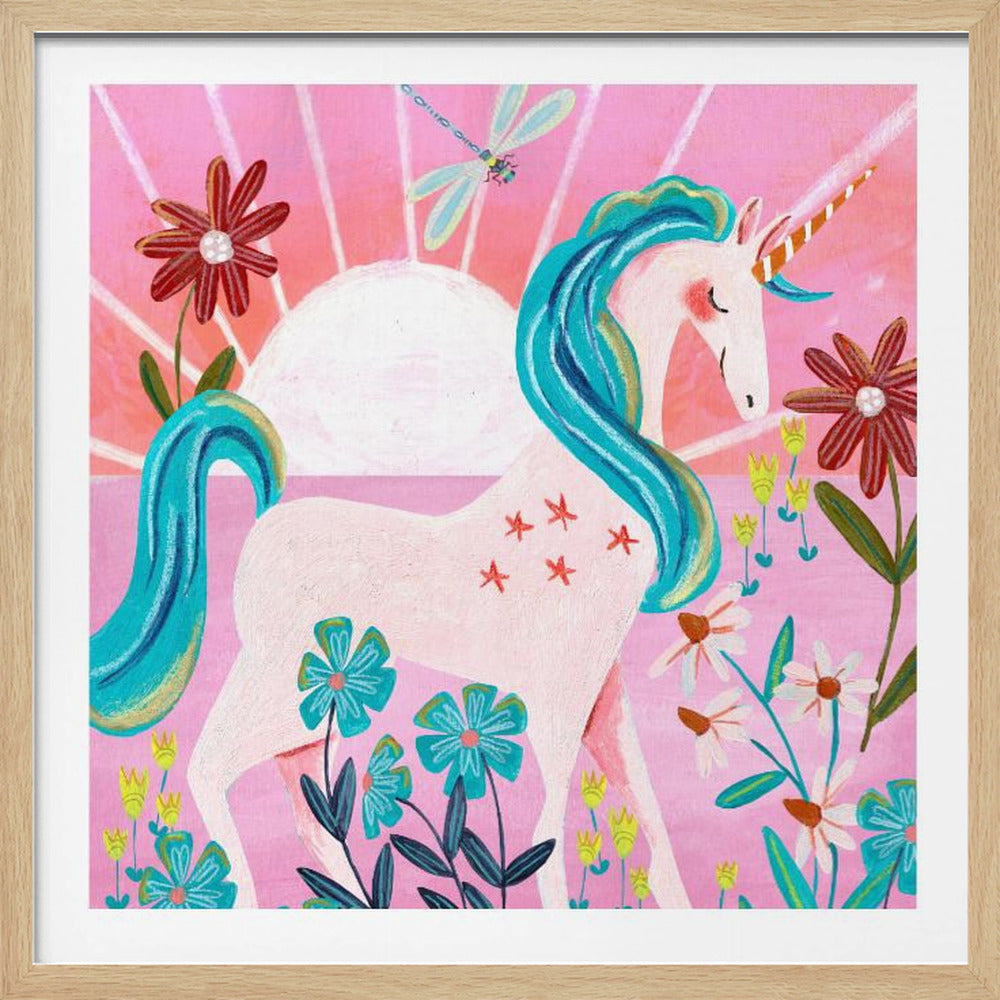 A whimsical painting of a serene white unicorn with a vibrant blue mane and tail, standing in a field of colorful flowers. The background features a large white sun against a pink sky with a dragonfly flying overhead. The artwork is presented in a light wood frame. Print