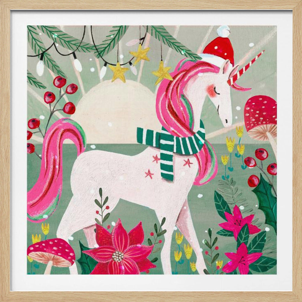 A whimsical Christmas illustration of a white unicorn with a pink and green mane, wearing a Santa hat and a striped scarf. It stands in a snowy, magical forest with poinsettias, holly berries, and mushrooms under festive string lights. Wall Art