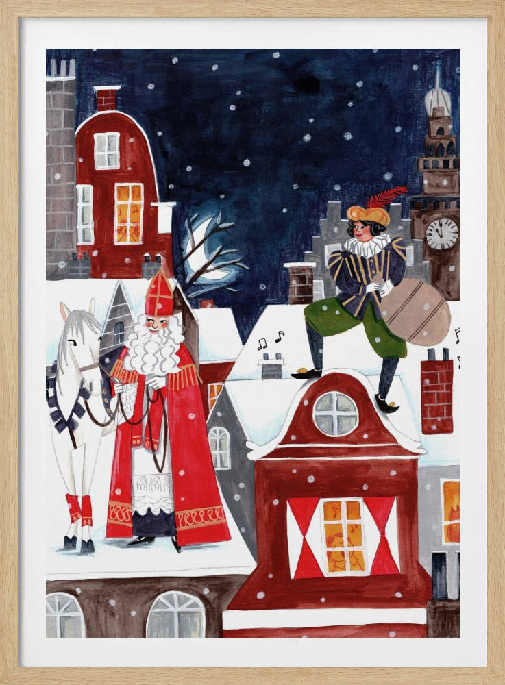 A folk art style illustration of a snowy village at night. Saint Nicholas (Sinterklaas) in his traditional red robe and miter stands with his white horse on a snow-covered roof. On another roof, his helper Zwarte Piet stands with a sack of gifts. The background features a clock tower and a dark, snowy sky. Wall Art