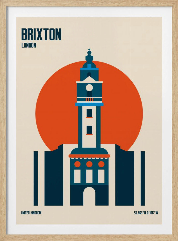 A minimalist travel poster of Brixton, London, featuring a stylized blue and white clock tower set against a large orange circle on a cream background. The text 'BRIXTON LONDON' is at the top, and 'UNITED KINGDOM' with geographic coordinates are at the bottom. The entire print is enclosed in a simple black frame. Poster